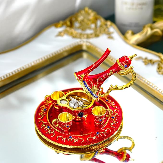 YU FENG Moroccan Teapot Set Jewelry Trinket Box Hinged Hand Painted Enamel Treasured Trinkets Collectable Jewellery Box Ring Holder For Home Decor Christmas Gift,3inch