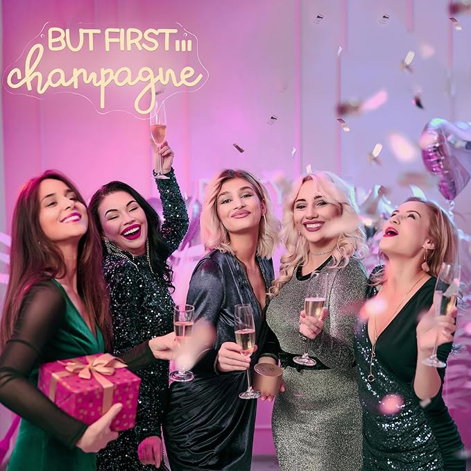 But First...Champagne Neon Sign – LED Wall Light for Champagne Wall, Party Backdrop, Bridal Shower, Bachelorette, Bar or Home Decor – Modern Pink Neon Aesthetic Sign (17 * 8 Inch)