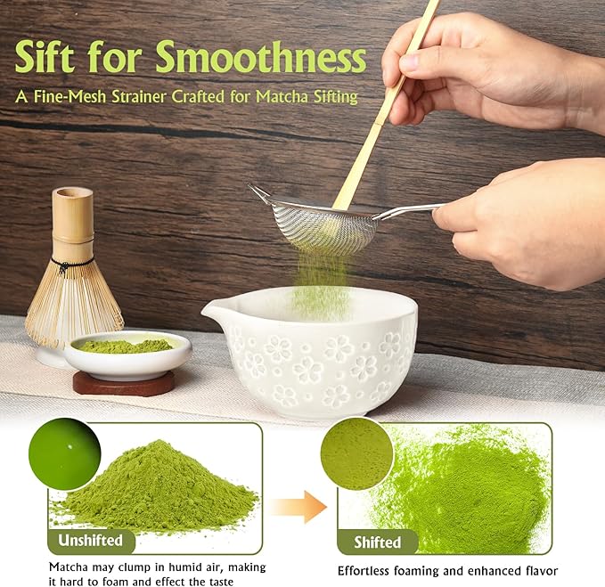 Matcha Whisk Tea Set Kit: Japanese Matcha Kit - Ceramic Bowl Bamboo Whisk Chasen Holder spoon Measuring Scoop Sifter - Traditional Practical for Tea Ceremony Breakfast Lattes - Home Kitchen Christmas