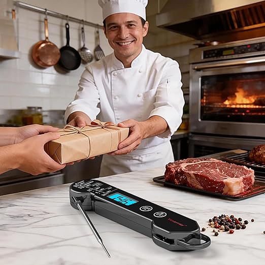 Digital Meat Thermometer for Chef Gifts Cooking, Grilling & BBQ - Ultra-Fast Instant Read Thermometer with Waterproof Design,Backlight & Calibration - Perfect for Deep Frying, Turkey, Beef (Black)