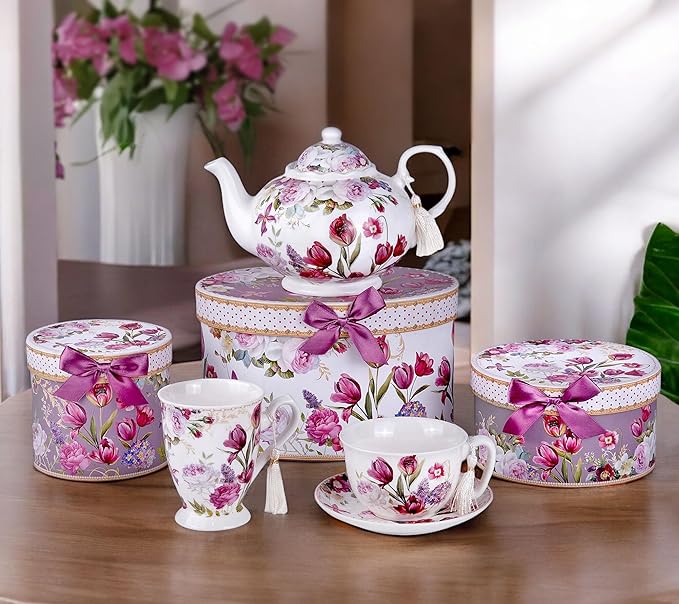 STP GOODS Bone China Tea/Coffee Cup and Saucer in Gift Box Fine Bone China Coffee Cup with Saucer Tea Cup and Saucer Set of One (Flowers 300ml)