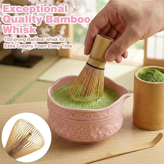 Matcha Whisk Set,7 Pcs Matcha Kit Set with Bowl & Holder, Bamboo Whisk (Chasen), Scoop, Spoon and Sifter and Tea Towel,Matcha Kit Covers Everything Needed for Making Matcha (Pink)