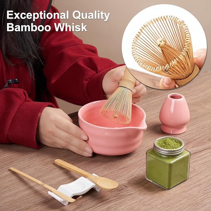 YOLIFE 7 Pcs Matcha Whisk Set, Includes Matcha Bowl with Spout, Bamboo Whisk (Chasen) with Ceramic Holder, Scoop and Powder Spoon, Sifter, Matcha Kit for Ceremony (Pink)