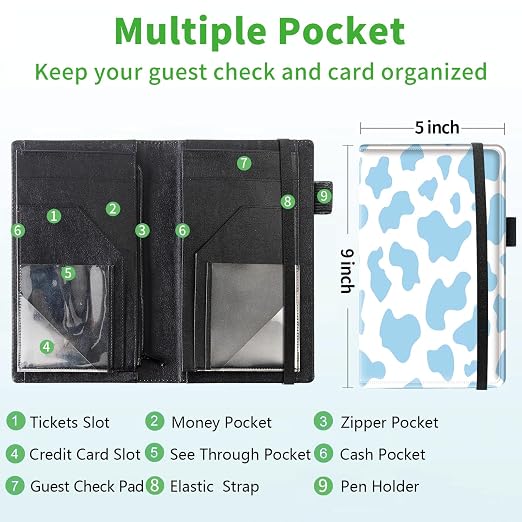Server Books for Waitress, 5x9 Inch Waitstaff Server Order Pads, 11 Large Pockets, Cute PU Leather Waitress Book Server Wallet with Elastic Band Fit Server Apron,Blue Cow Prints - Image 3