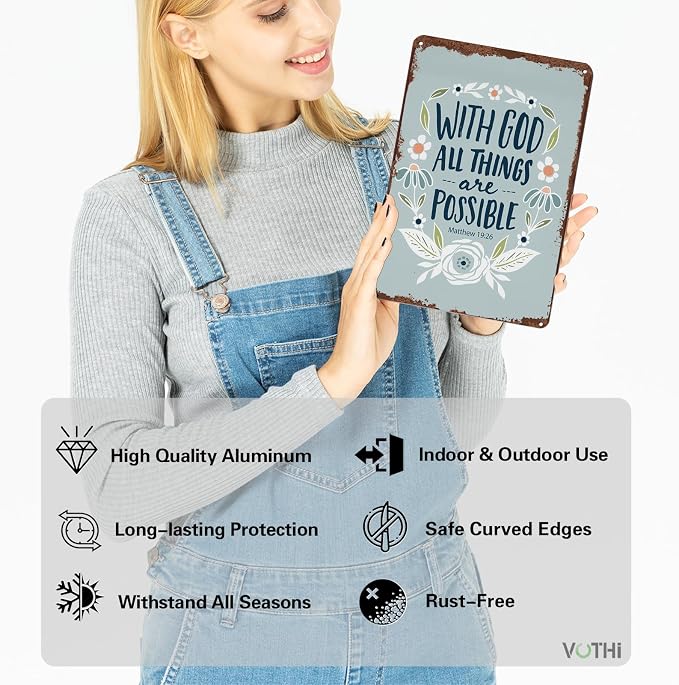 With God All Things Are Possible” Religious Metal Tin Sign - Inspirational Faith Wall Decor for Home, Church, Office - Vintage Style 8x12 Inch - Image 2