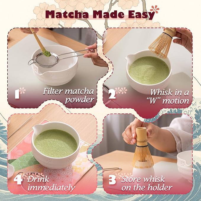 Matcha Tea Set, 8 Pcs Japanese Matcha Kit with Cherry Blossom and Wave Design Ceramic Bowl, Bamboo Whisk, Whisk Holder, Scoop, Sifter, Brush, Matcha Kit Set for Matcha Lovers (Speckled White)