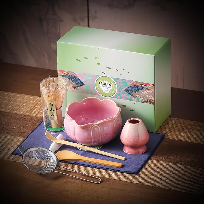 Matcha Whisk Set, Ceramic Matcha Set 8 Pcs, Matcha Kit Set Includes Matcha Bowl, Matcha Whisk and Holder, Bamboo Scoop and Rest, Sifter and Tea Towel, Ideal Gift for Family/Friend (Pink)