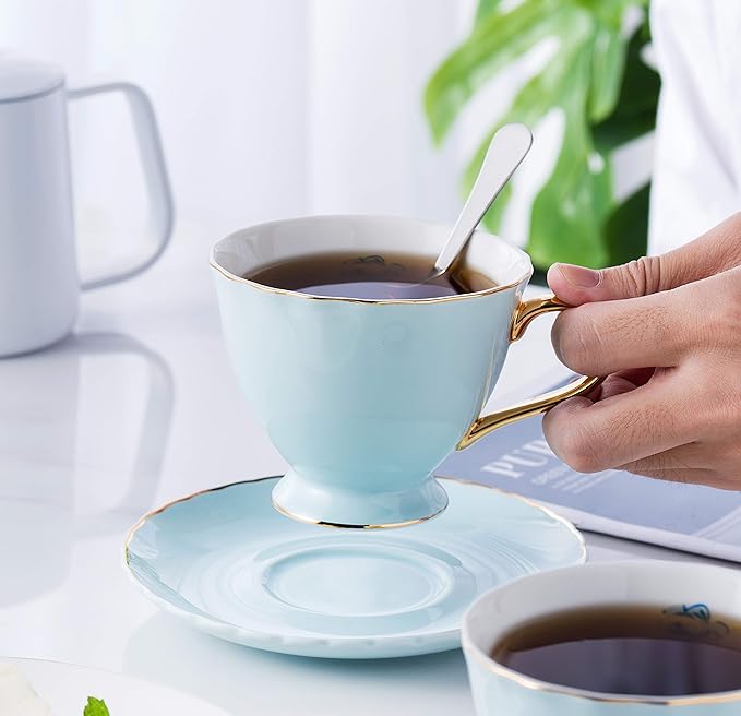 Jusalpha® Fine China Tea Cup and Saucer Coffee Cup Set with Saucer and Spoon Set of 6 (FD-TCS02 blue (6), 7oz)