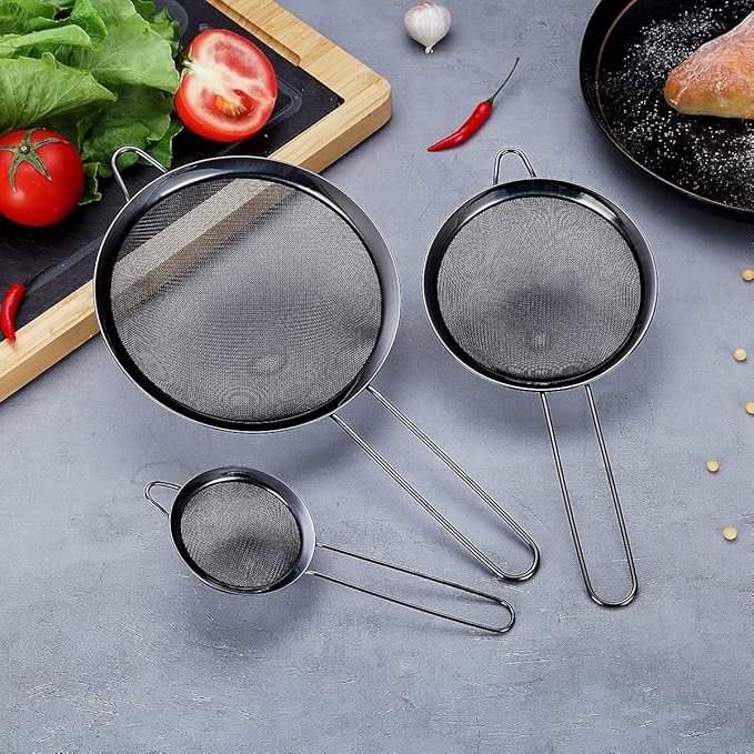 Black Fine Mesh Strainer 3 Pieces Set, Black Flour Sifter For Baking, Stainless Steel Clander, Matcha Tea Strainer, Gravy Separator, Stasher Sieve Pasta Strainers