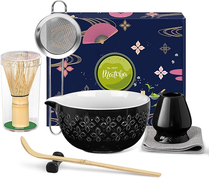 Matcha Whisk Set Matcha Kit - 7 Pcs Japanese Tea Set Includes Matcha Bowl with Spout,Bamboo Whisk with Ceramic Holder,Bamboo Scoop and Rest,Sifter,Tea Towel, for Ceremony Matcha Lovers Gift,Black