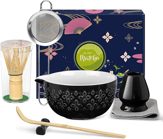 Matcha Whisk Set Matcha Kit - 7 Pcs Japanese Tea Set Includes Matcha Bowl with Spout,Bamboo Whisk with Ceramic Holder,Bamboo Scoop and Rest,Sifter,Tea Towel, for Ceremony Matcha Lovers Gift,Black