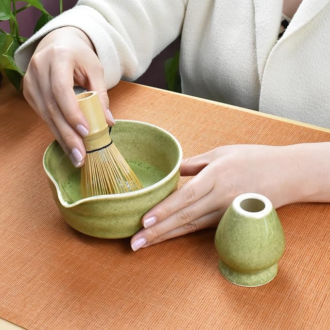 Artcome 4-Piece Matcha Tea Set - Complete Japanese Ceremony Kit with Bowl, Whisk, Whisk Holder, Scoop & Guide, Mottled Green