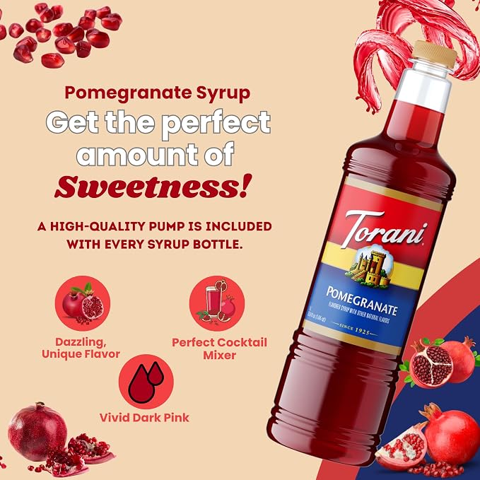 Torani Pomegranate Syrup 1 Liter Bottle with Pump – Premium Drink Flavoring Made with Pure Cane Sugar & Natural Flavors for Cocktails, Mocktails, Lemonades & Teas – Tart Fruity Sweetener - Image 5