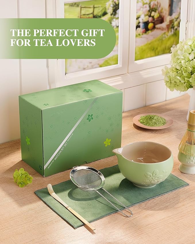 ZENS Matcha Whisk Set, Matcha Kit Set, Matcha Bowl with Spout, Bamboo Whisk & Scoop, Chasen Holder, 304 Sifter & Tea Mat, 6pcs Japaness Matcha Kit for Matcha Lovers, Birthday Gift, Pale Green