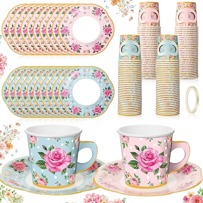 Umigy 60 Sets Tea Party Decorations 9 oz Floral Paper Tea Cups with Handle and Plates Disposable Blossom Teacups and Saucers Sets for Girls Kids Birthday Garden Wedding Party Supplies(Pink, Blue)