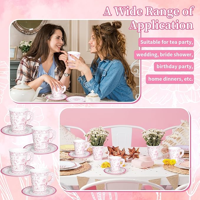 Whaline 80 Pcs Pink White Floral Paper Tea Cups and Saucers Porcelain Chinoiserie Flower 9oz Disposable 40 Teacups with Handle and 40 Dessert Plates for Wedding Baby Shower Birthday Spring Tea Party