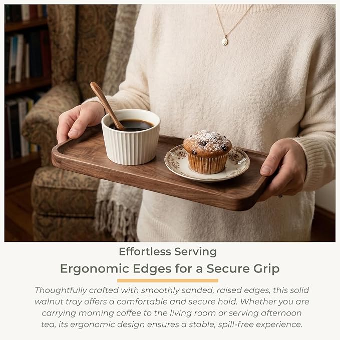 Muso Walnut Serving Tray - Solid Wood Small Rectangle Platter for Bathroom, Dinner, Tea, Coffee (11.8 x 5 in)