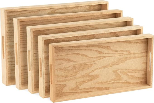 Hammont Montessori Wooden Serving Trays - 5 Piece Set, Brown Oak Wood, Decorative, Convenient, Versatile, Easy to Clean