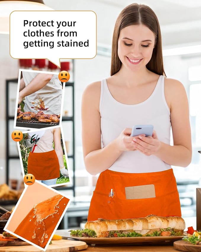 Argstar 2 Pack Server Apron with 4 Pockets, Waitress Waiter Waist WaterDrop Resistant Short Aprons - Image 4