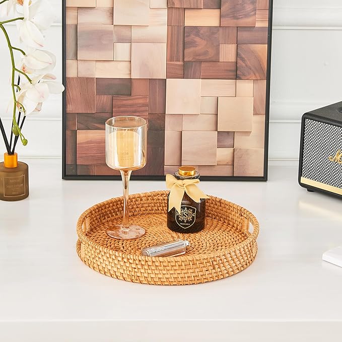 Round Rattan Tray, 2 Pack Handwoven Wicker Serving Trays with Handles for Storage and Display (13.78"x1.97";11.81"x1.97")