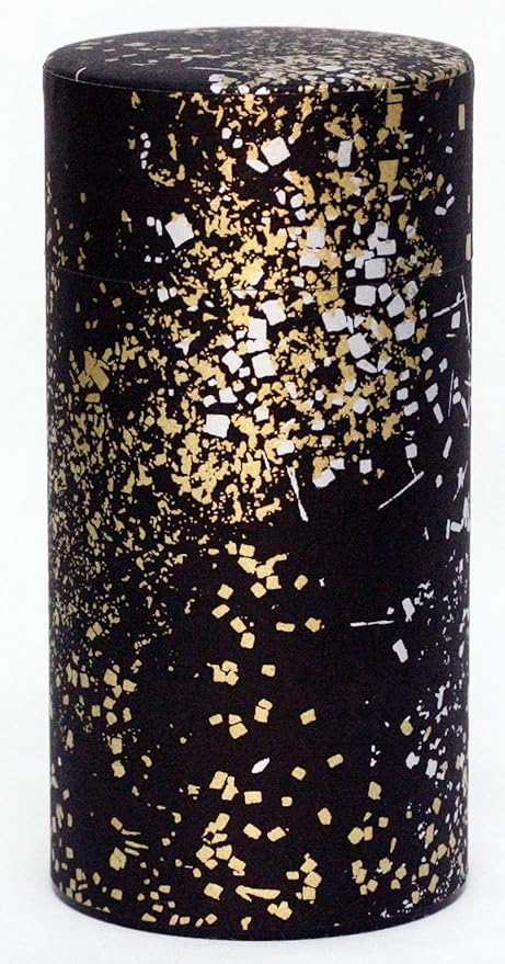 Washi Paper Tea Tin Canister: Long 7oz (200g) Gold and silver stardust in the black sky (#7), Japan