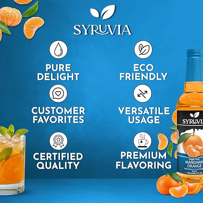 Syruvia Sugar-Free Mandarin Orange Syrup, Natural Flavors, Syrup for Drinks, Lattes, and Desserts – 25.4 fl oz