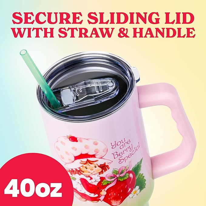 Silver Buffalo Strawberry Shortcake You Are Berry Special Vintage Pink and Green Ombre Double Walled Stainless Steel Tumbler with Handle and Straw, Fits in Standard Cup Holder, 40 Ounces