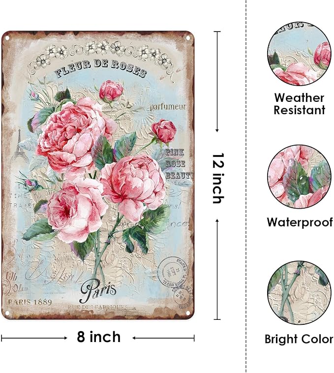 Sanwarm Metal Sign 8X12 Inch, Pink Floral Rose Vintage Tin Sign Wall Art Decor for Home, Living Room, Kitchen, Garden, Bedroom, Office, Hotel, Cafe And Pub Decoration - Image 2