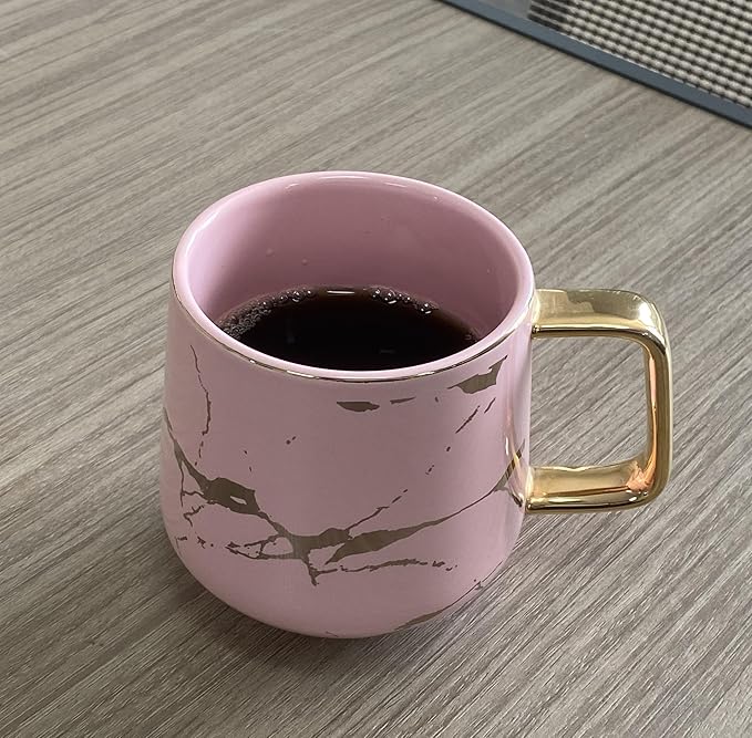 YBK Tech Porcelain Tea Cup Coffee Mug Set for Afternoon Tea - Marble Pattern (Pink, Tall 400ml + wood lid)