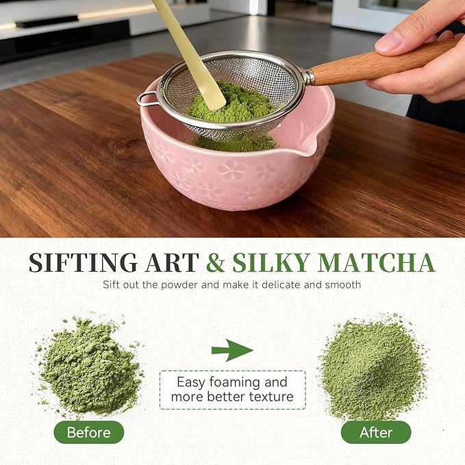 Matcha Whisk Set, Japanese Tea Ceremony Utensils (8 PCS) with Matcha Bowl with Spout (19 oz), Bamboo Whisk, Scoop, Holder, Sifter, Tea Towel – Authentic Matcha Set & Gift Box (Pink)
