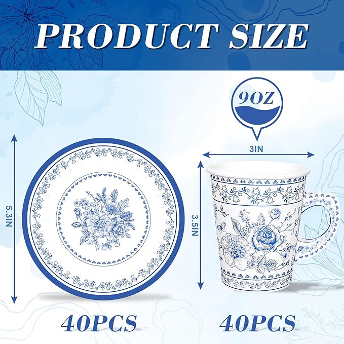 Whaline 80Pcs Blue White Floral Paper Tea Cups and Saucers Porcelain Chinoiserie Flower 9oz Disposable Teacups with Handle and Dessert Plates for Wedding Princess Baby Shower Birthday Spring Tea Party