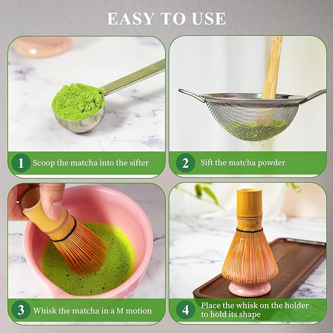 Matcha Whisk Set Matcha Making Kit Bamboo Chasen Ceramic Whisk Holder Stand Sifter Scoop Japanese Tea Tools (Solid Pink)