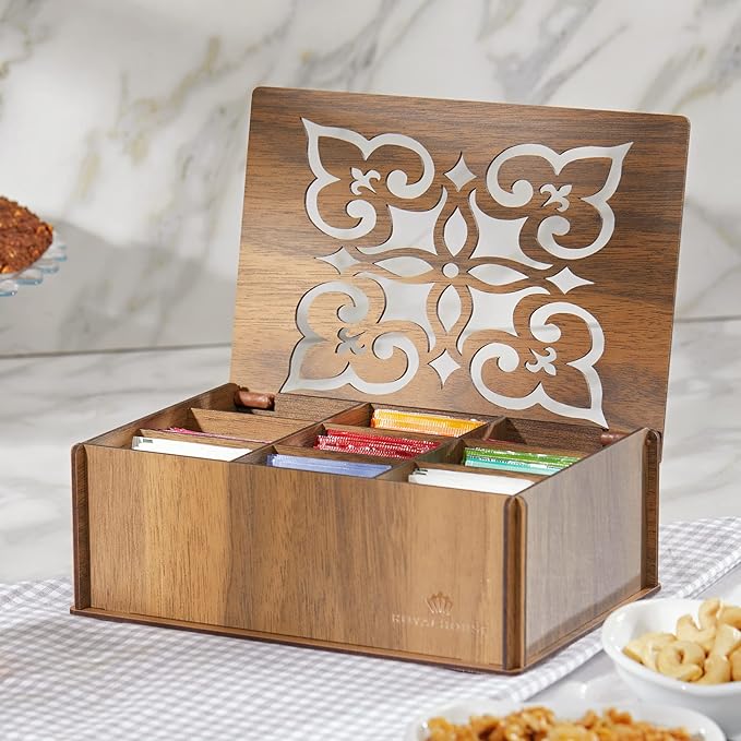 RoyalHouse Premium Wood (Hard MDF) Tea Storage Box Organizer (Walnut), Eco-Friendly Multi-Functional Decorative Box, 9 Compartments For Assorted Variety Of Tea Bags and Small Items