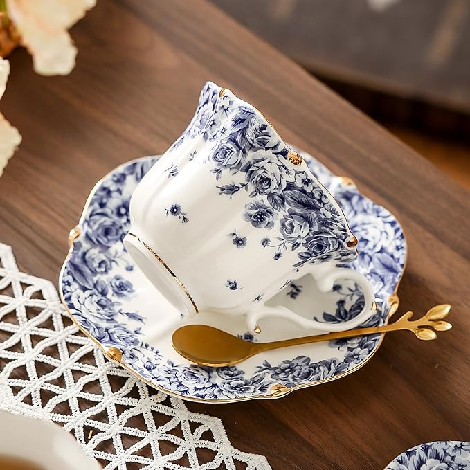 Country Roses Porcelain Tea Cup and Saucer Set with Gold Trim, Vintage Style, For Women and Tea Parties (1, Sky Blue)