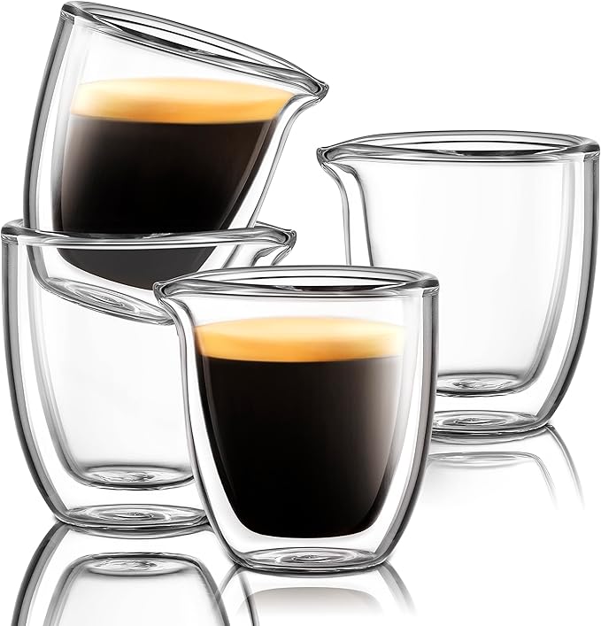 Pouring Espresso Cups Set of 4 - Glass Espresso Cup Shot Glass with Spout 2.7 OZ - Double Espresso Cups - Small Doppio Double Walled Clear Espresso Cup - Expresso Coffee Cup - Espresso Accessories