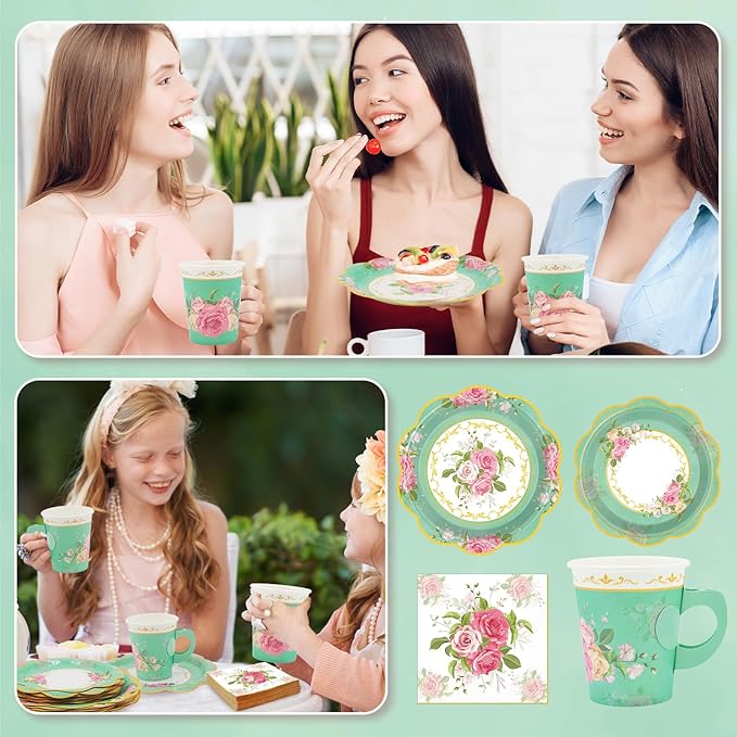 200Pcs Floral Tea Cups and Saucers for Tea Party Supplies, Disposable Tea Cups with Handle and Paper Napkins Dinnerware for Floral Theme Birthday Wedding Bridal Shower Baby Shower(Green)