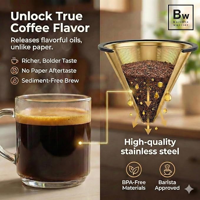 Barista Warrior Reusable Coffee Filter - Stainless Steel Pour Over Dripper, Compatible for Chemex, Hario V60 & Drippers, Easy to Clean Flavorful Brew Fine Mesh Coffee Filter - Gold Titanium Coated