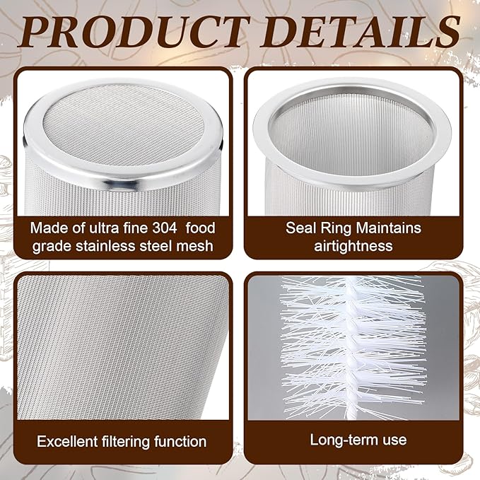 Cold Brew Coffee Filter with Brush Tea Infuser Strainer for 64 Oz/2 Quart Wide Mouth Mason Jar 304 Stainless Steel Food Grade Filter with Sealing Ring for Iced Drink Fruit Tea Coffee Maker