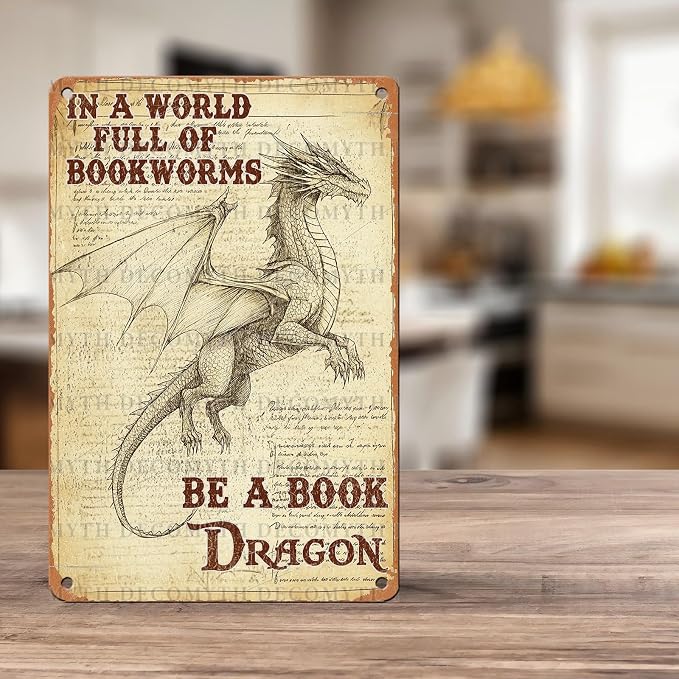 Retro Dragon Tin Sign In a World Full of Bookworms be a Book Dragon Vintage Metal Poster Funny Bath Wall Art Toilet Man Cave Bar Cafe Indoor Room Garage 12 * 8inch - Image 5