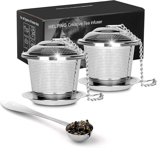 Numola Tea Infuser for Loose Tea, Loose Leaf Tea Infusers Set, Fine Mesh Tea Steeper with Spoon and Drip Trays, Tea Diffusers with Extented Chain Hook for Tea Lovers