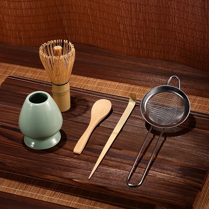 Matcha Whisk Set,Bamboo Matcha Whisk (Chasen),Traditional Scoop(Chashaku),Stainless Steel Sifter,Tea Spoon,Ceramic Holder,Japanese Tea Tools For Ceremony
