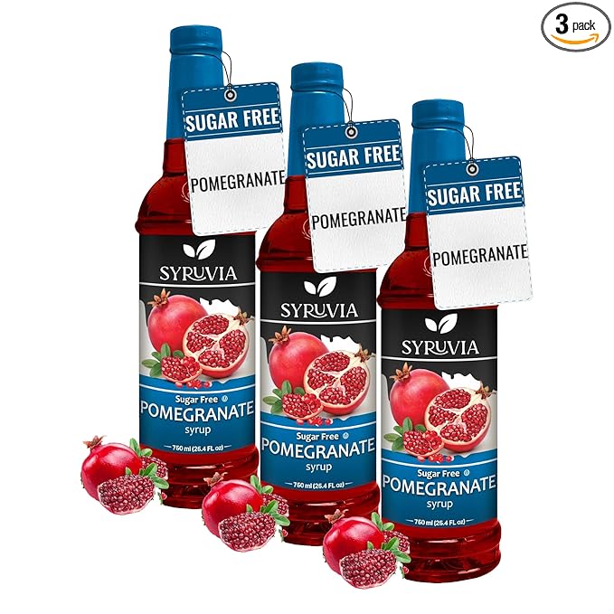 Syruvia Sugar-Free Pomegranate Syrup - 25.4 fl oz. Premium Flavoring Syrup. 0 Calories, Kosher, and Gluten-Free. Ideal for Enhancing Tea, Italian Sodas, Beverages, Desserts, Ice Cream, Cocktails, and Mocktails.