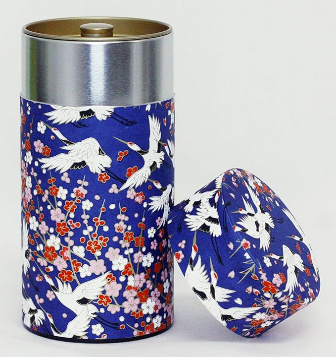 Washi Paper Tea Tin Canister: Long 7oz (200g) Flying Cranes in the Spring (#27), Japan