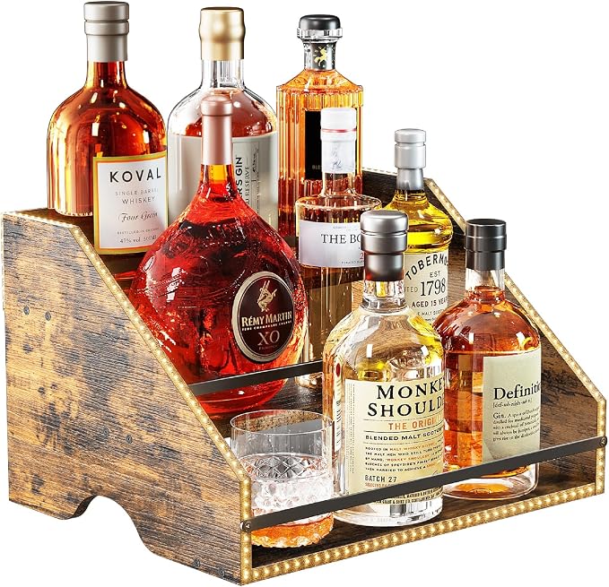 Nuovoware Liquor Bottle Display Shelf, Coffee Syrup Organizer, 2 Step Countertop Liquor Wine Rack, Home Retro Shelf Stand for Mini Bar, Cabinet, Bar Essentials for Whiskey, Spirits, Wooden by NUOVOWARE