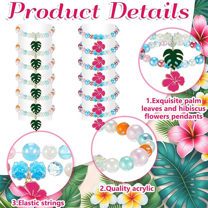 Ecally 12 Pcs Hawaiian Princess Party Favors Tropical Party Decorations Palm Leave Aloha Hibiscus Flowers Hawaii Bracelets Bulk Animation Themed Birthday Supplies for Women