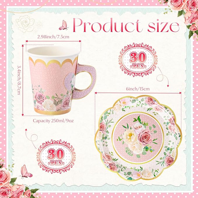 Domensi 60 Pieces Tea Party Decorations Include 30 Pcs 9 oz Paper Cups with Handle and 30 Pcs Tea Party Paper Plates Disposable Blossom Teacups and Saucers for wedding Favors(Elegant)