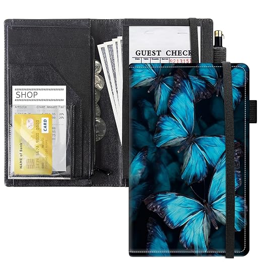 Server Books for Waitress with 11 Large Pockets, Waitstaff Server Order Pads, Leather Waitress Book Server Wallet with Elastic Band Fit Server Apron, Blue Butterflies by Unknown