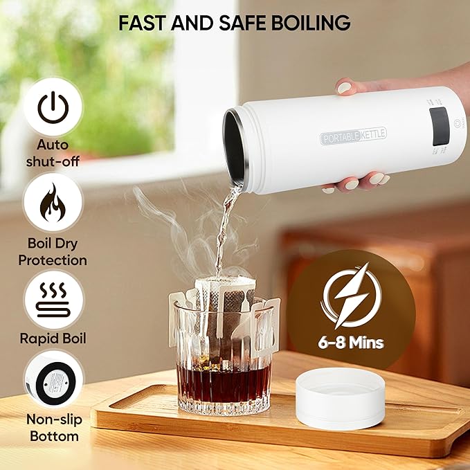 Portable Electric Kettle, Travel Tea Kettle, Small Hot Water Boiler Coffee Heater 450ML, 316 Stainless Steel, 4 Temperature Settings with Fast Boiling Water Auto Shut-off Boil Dry Protection (White)
