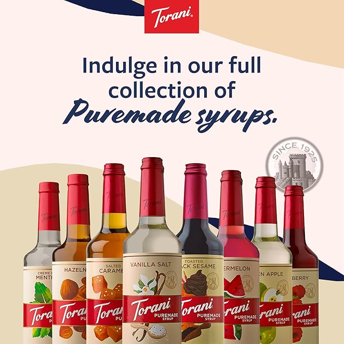 Torani Puremade Syrup, French Vanilla Flavoring for Drinks, Glass Bottle with Pump Included, 25.4 Fl Oz