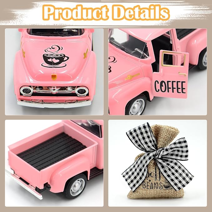 Pink Mini Metal Truck Decor: Farmhouse Coffee Bar Decor - Vintage Truck Decor for Countertop, Tiered Tray, Coffee Station - Image 3